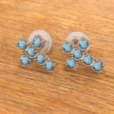 18金ピンクゴールド ジュエリーピアス 11月の誕生石 ブルートパーズ(青) クロスの画像