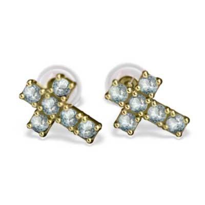 クロス ジュエリーピアス イエローゴールドk18 3月誕生石 アクアマリンの画像