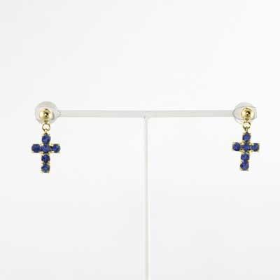 ブルーサファイア ジュエリーピアス 9月誕生石 クロス k18イエローゴールドの画像