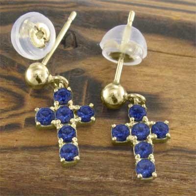 ブルーサファイア ジュエリーピアス 9月誕生石 クロス k18イエローゴールドの画像