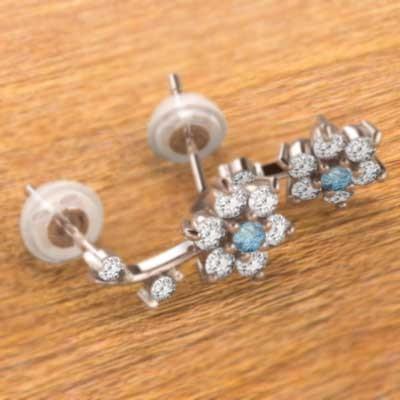 18金ピンクゴールド ピアス 天然ダイヤモンド ブルートパーズ(青) フラワー 11月の誕生石の画像