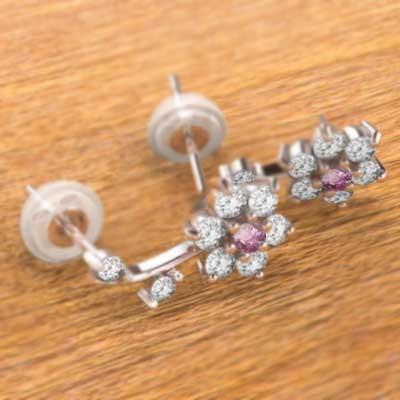 18金ホワイトゴールド ジュエリーピアス ピンクトルマリン 10月の誕生石 天然ダイヤモンド フラワーの画像