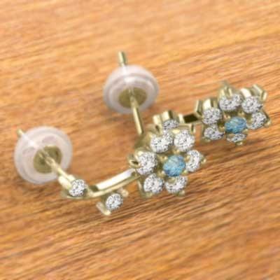 ジュエリーピアス 天然ダイヤモンド 18金イエローゴールド フラワー 11月の誕生石 ブルートパーズ(青)の画像