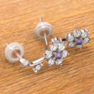 2月の誕生石 天然ダイヤモンド アメジスト(紫水晶) ピアス Pt900 フラワーの画像