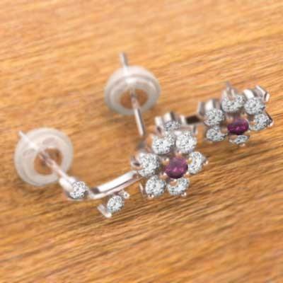 プラチナ900 ジュエリーピアス ルビー 7月誕生石 天然ダイヤモンド フラワーの画像