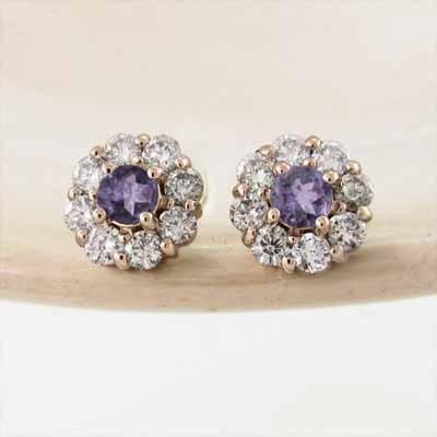 2月誕生石 k18ピンクゴールド アメシスト(紫水晶) ピアス フラワー 天然ダイヤモンドの画像