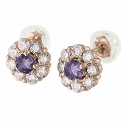 2月誕生石 k18ピンクゴールド アメシスト(紫水晶) ピアス フラワー 天然ダイヤモンドの画像
