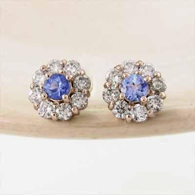 フラワー ピアス 天然ダイヤモンド 11月の誕生石 ブルートパーズ k18ピンクゴールドの画像