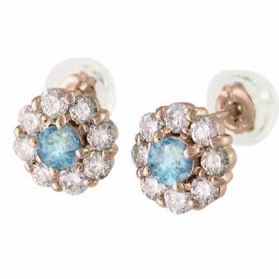 フラワー ピアス 天然ダイヤモンド 11月の誕生石 ブルートパーズ k18ピンクゴールドの画像