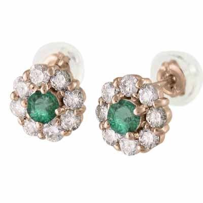 ピアス k18ピンクゴールド 天然ダイヤモンド フラワー 5月誕生石 エメラルドの画像