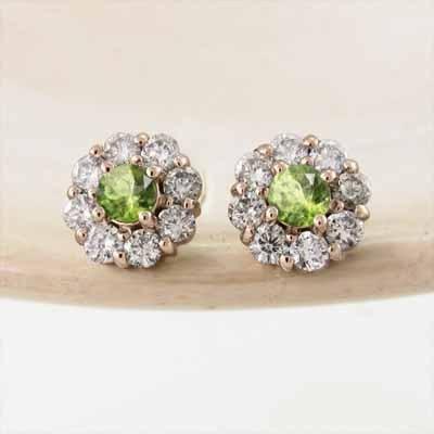 ジュエリーピアス ペリドット フラワー 8月誕生石 k18ピンクゴールド 天然ダイヤモンドの画像