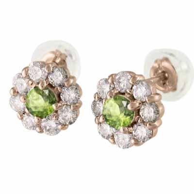 ジュエリーピアス ペリドット フラワー 8月誕生石 k18ピンクゴールド 天然ダイヤモンドの画像