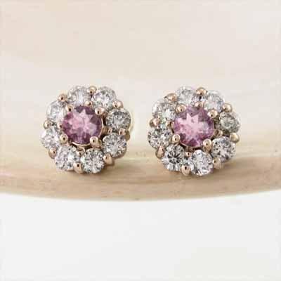 天然ダイヤモンド ジュエリーピアス 10月誕生石 フラワー 18金ピンクゴールド ピンクトルマリンの画像
