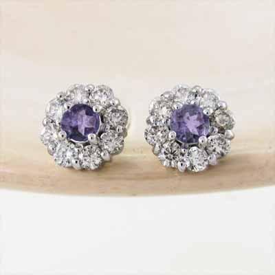 アメシスト(紫水晶) ピアス 18金ホワイトゴールド 2月誕生石 天然ダイヤモンド フラワーの画像