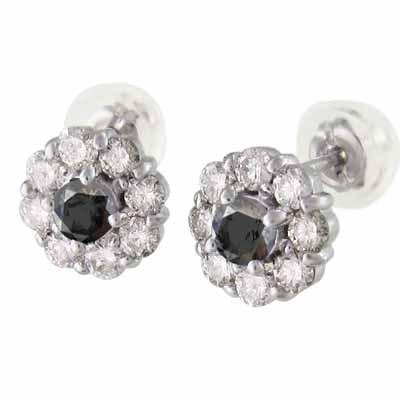 ジュエリーピアス 天然ダイヤモンド 18金ホワイトゴールド 4月誕生石 ブラックダイアモンド フラワーの画像