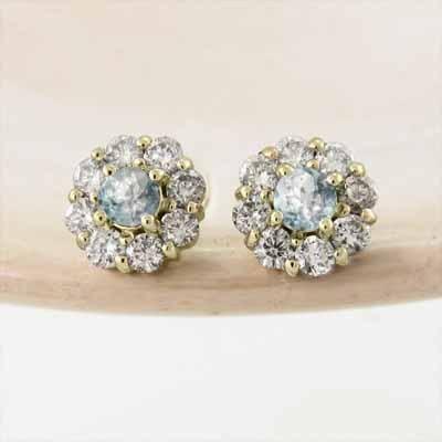 フラワー ピアス k18イエローゴールド アクアマリン 天然ダイヤモンド 3月の誕生石の画像