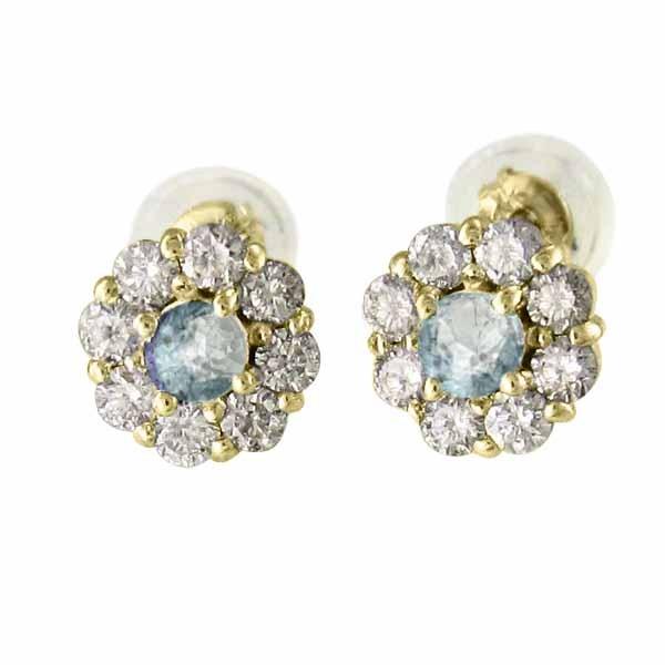 フラワー ピアス k18イエローゴールド アクアマリン 天然ダイヤモンド 3月の誕生石の画像