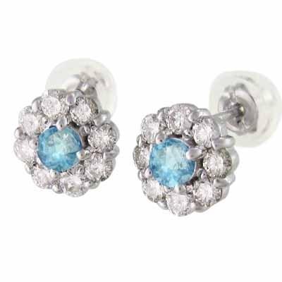 ブルートパーズ プラチナ900 ジュエリーピアス フラワー 11月の誕生石 天然ダイヤモンドの画像