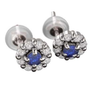 サファイヤ 9月の誕生石 天然ダイヤモンド ジュエリーピアス 18金ホワイトゴールド フラワーの画像