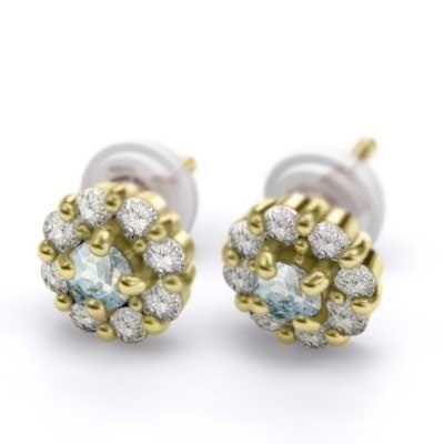 ジュエリーピアス 18金イエローゴールド フラワー アクアマリン 天然ダイヤモンド 3月の誕生石の画像