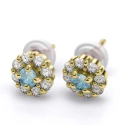 フラワー 天然ダイヤモンド ジュエリーピアス 11月の誕生石 ブルートパーズ k18イエローゴールドの画像