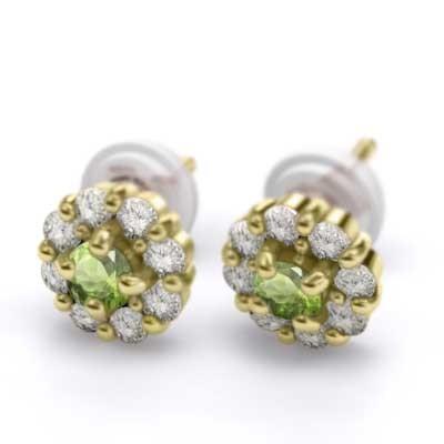 ジュエリーピアス 8月誕生石 天然ダイヤモンド 18金イエローゴールド フラワー ペリドットの画像
