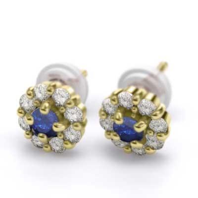 天然ダイヤモンド ブルーサファイア ジュエリーピアス フラワー 9月の誕生石 k18イエローゴールドの画像