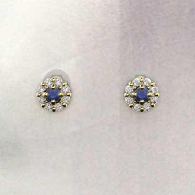 天然ダイヤモンド ブルーサファイア ジュエリーピアス フラワー 9月の誕生石 k18イエローゴールドの画像
