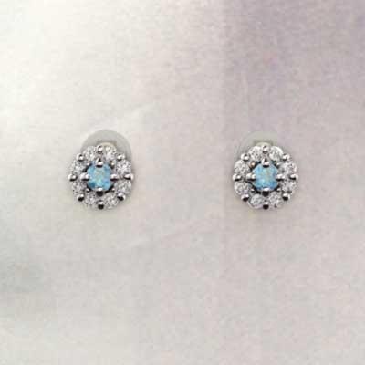 Pt900 フラワー ピアス 11月の誕生石 天然ダイヤモンド ブルートパーズ(青)の画像