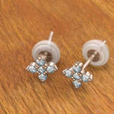 ファイブストーン クロス 3月の誕生石 ジュエリーピアス アクアマリン 18金ピンクゴールドの画像