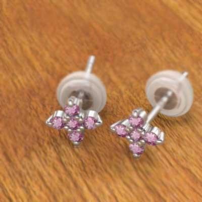クロス ピアス 10月の誕生石 プラチナ900 ファイブストーン ピンクトルマリンの画像