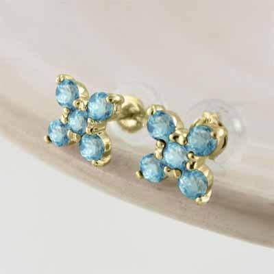 ジュエリーピアス クロス ファイブストーン 11月の誕生石 k18イエローゴールド ブルートパーズの画像