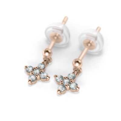 3月の誕生石 18金ピンクゴールド ファイブストーン アクアマリン ジュエリーピアス クロスの画像