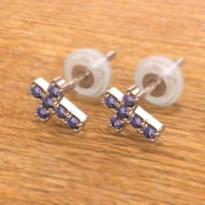 2月誕生石 クロス ジュエリーピアス ピンクゴールドk18 アメジスト(紫水晶)の画像