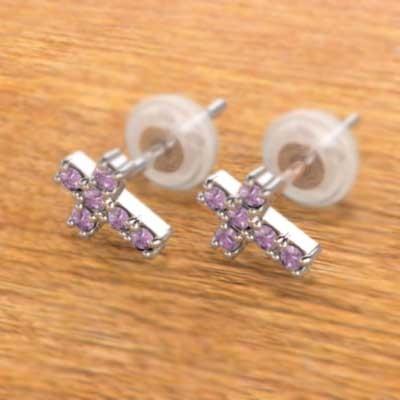 ピンクサファイア 9月の誕生石 k18ホワイトゴールド クロス ジュエリーピアスの画像