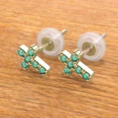 5月誕生石 ピアス エメラルド k18イエローゴールド クロスの画像