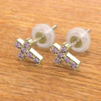 18金イエローゴールド 9月誕生石 ピアス クロス ピンクサファイヤの画像