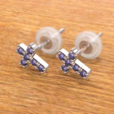 アメシスト(紫水晶) Pt900 クロス ジュエリーピアス 2月誕生石の画像