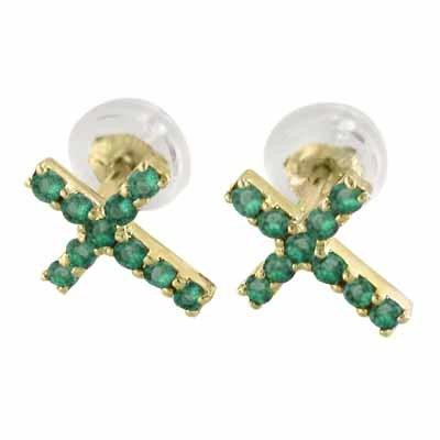 エメラルド クロス 5月誕生石 ジュエリーピアス イエローゴールドk18の画像