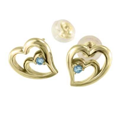 18金イエローゴールド ピアス 一粒石 11月の誕生石 ハート ブルートパーズ(青)の画像