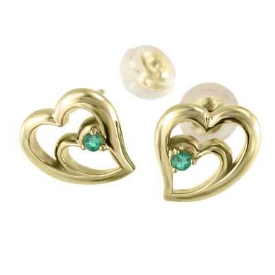 ジュエリーピアス 18金イエローゴールド ハート 5月の誕生石 エメラルド 一粒石の画像