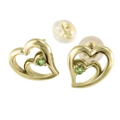 18金イエローゴールド ジュエリーピアス 一粒石 ハート ペリドット 8月誕生石の画像