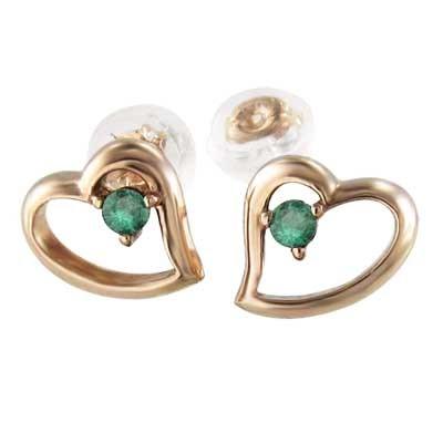 一粒石 ハート ジュエリーピアス エメラルド 18金ピンクゴールド 5月の誕生石の画像