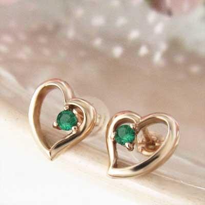 一粒石 ハート ジュエリーピアス エメラルド 18金ピンクゴールド 5月の誕生石の画像