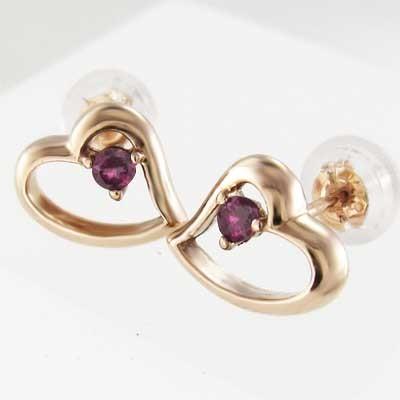 18金ピンクゴールド ルビー ピアス 7月誕生石 ハート 一粒石の画像