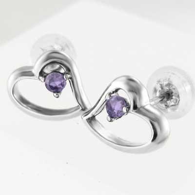 ハート k18ホワイトゴールド ジュエリーピアス 一粒石 アメジスト 2月の誕生石の画像