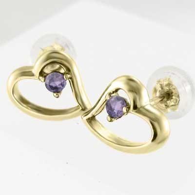 ハート ジュエリーピアス k18イエローゴールド 一粒石 2月の誕生石 アメシストの画像