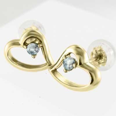 k18イエローゴールド アクアマリン 3月の誕生石 ピアス ハート 一粒石の画像