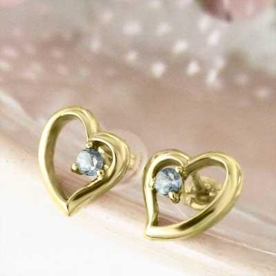 k18イエローゴールド アクアマリン 3月の誕生石 ピアス ハート 一粒石の画像