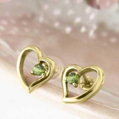 一粒石 8月誕生石 ペリドット ジュエリーピアス ハート k18イエローゴールドの画像